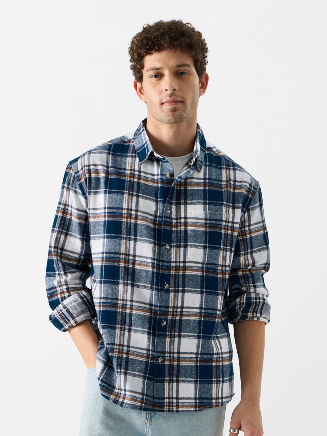 The Souled Store  Men Plaid: Blue And White Multicolor Regular Fit Shirt