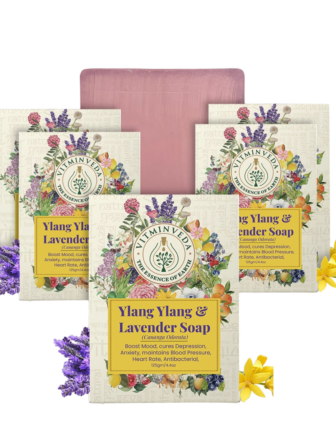 VITMINVEDA Set Of 5 Natural Ylang Ylang & Lavender Herbal Soap Bar - 125g Each