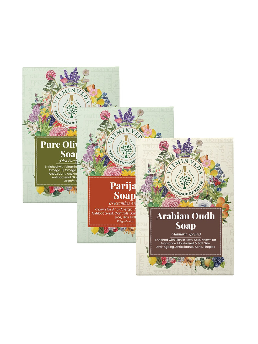 VITMINVEDA Set Of 3 Natural Pure Olive Oil-Parijat-Arabian Oudh Herbal Soap Bar -125g Each