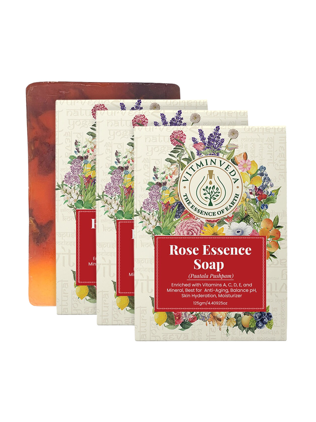 VITMINVEDA Set of 3 Rose Essence Natural & Herbal Soap Bar - 125 g each