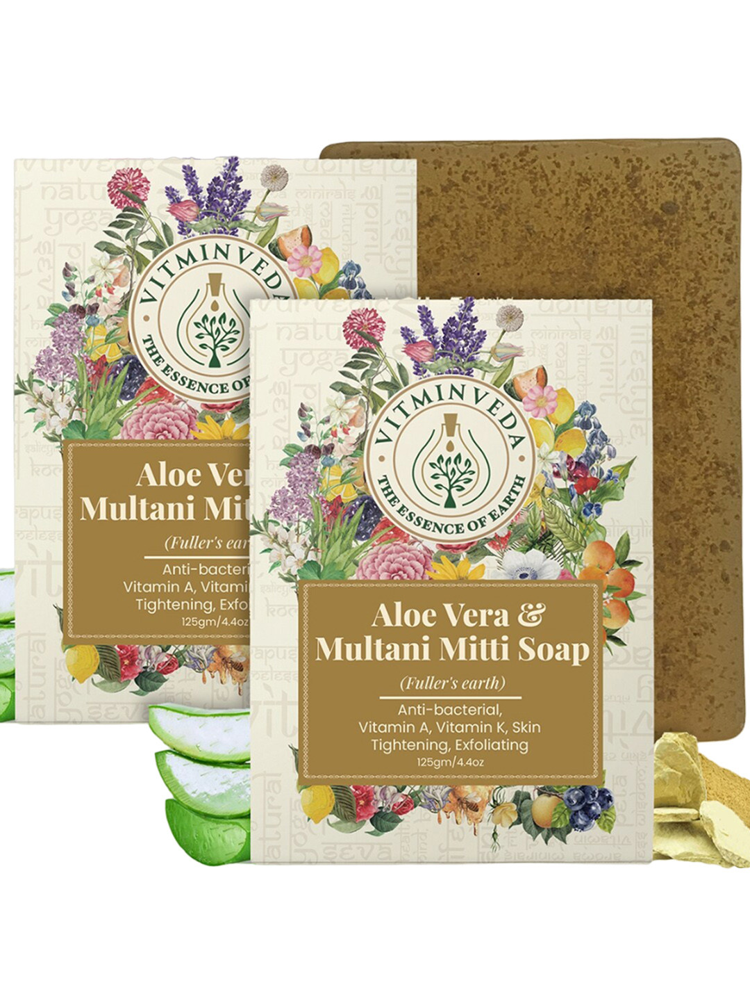 VITMINVEDA Set Of 2 Natural Aloe Vera & Multani Mitti Herbal Soap Bar - 125g Each