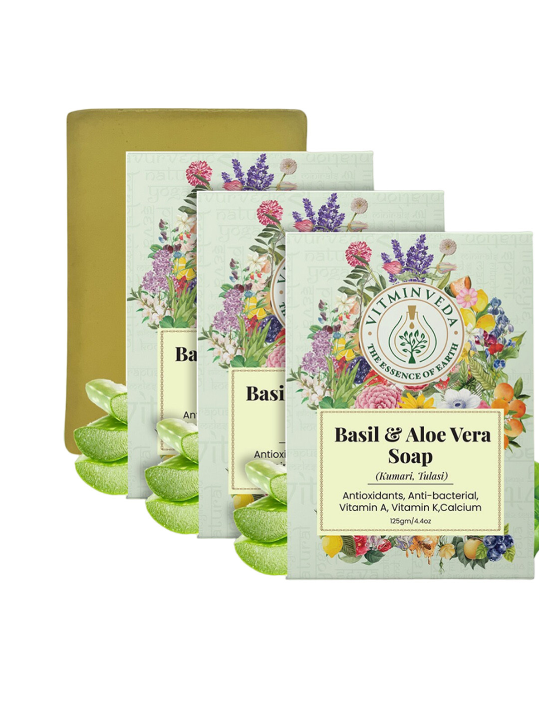 VITMINVEDA Set Of 3 Basil & Aloe Vera Herbal Soap Bar - 125g Each