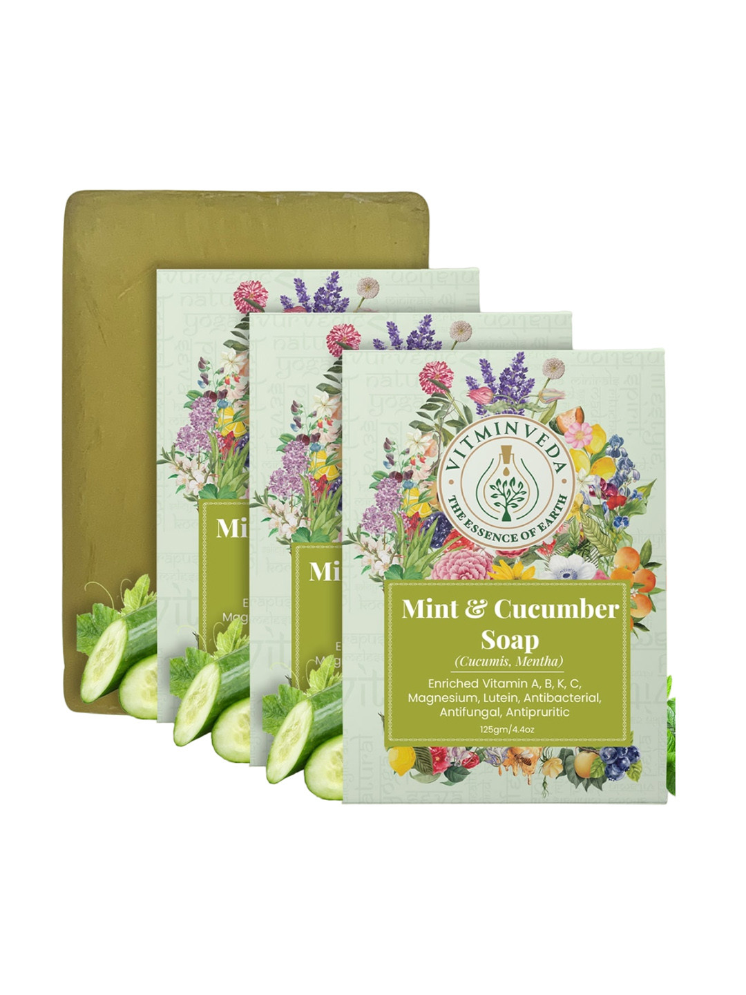 VITMINVEDA Set Of 3 Natural Mint & Cucumber Herbal Soap Bar - 125g Each