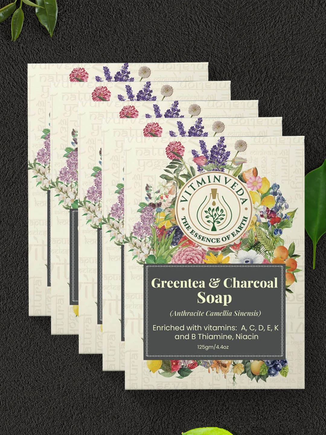 VITMINVEDA Set Of 5 Natural Green Tea & Charcoal Herbal Soap Bar - 125g Each