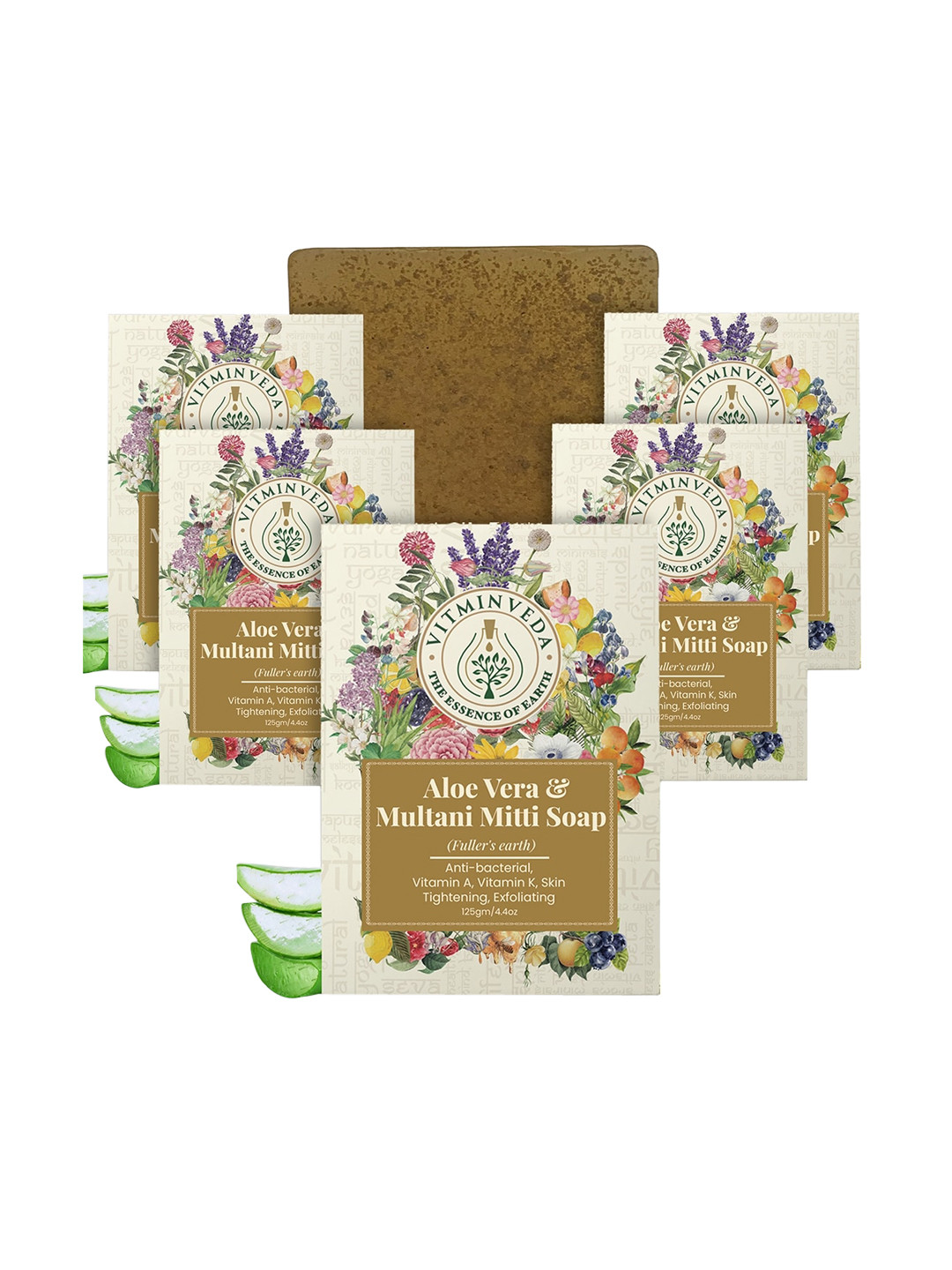 VITMINVEDA Set Of 5 Natural Aloe Vera & Multani Mitti Herbal Soap Bar - 125g Each