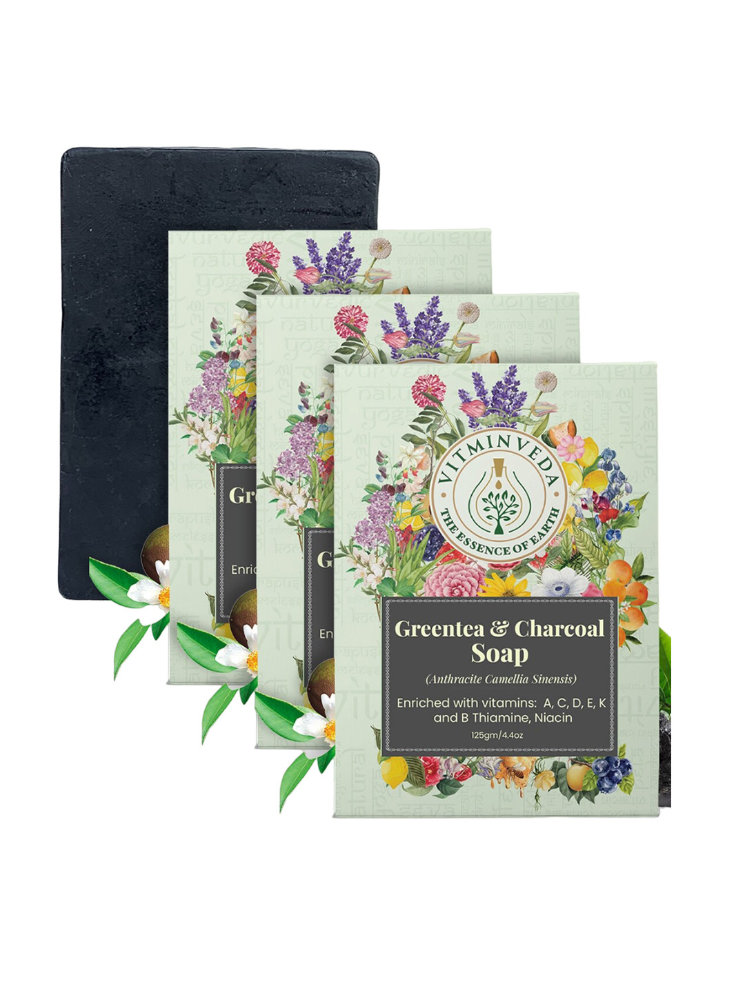 VITMINVEDA Set Of 3 Greentea & Charcoal Soap - 125g Each