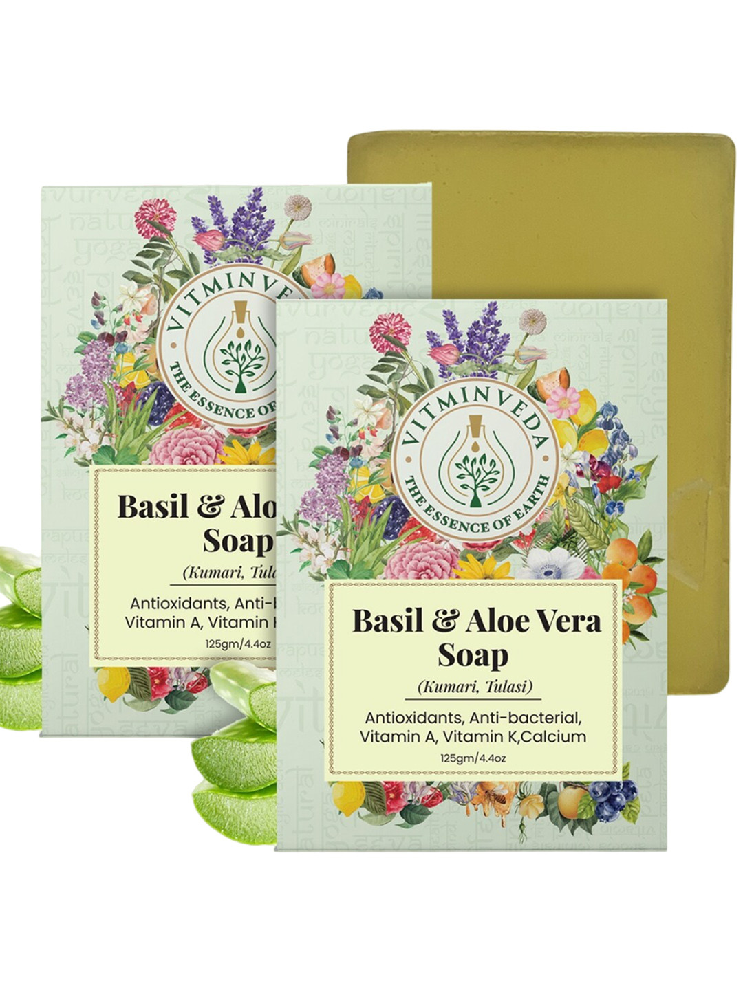 VITMINVEDA Set Of 2 Natural Basil & Aloe Vera Soap - 125g Each