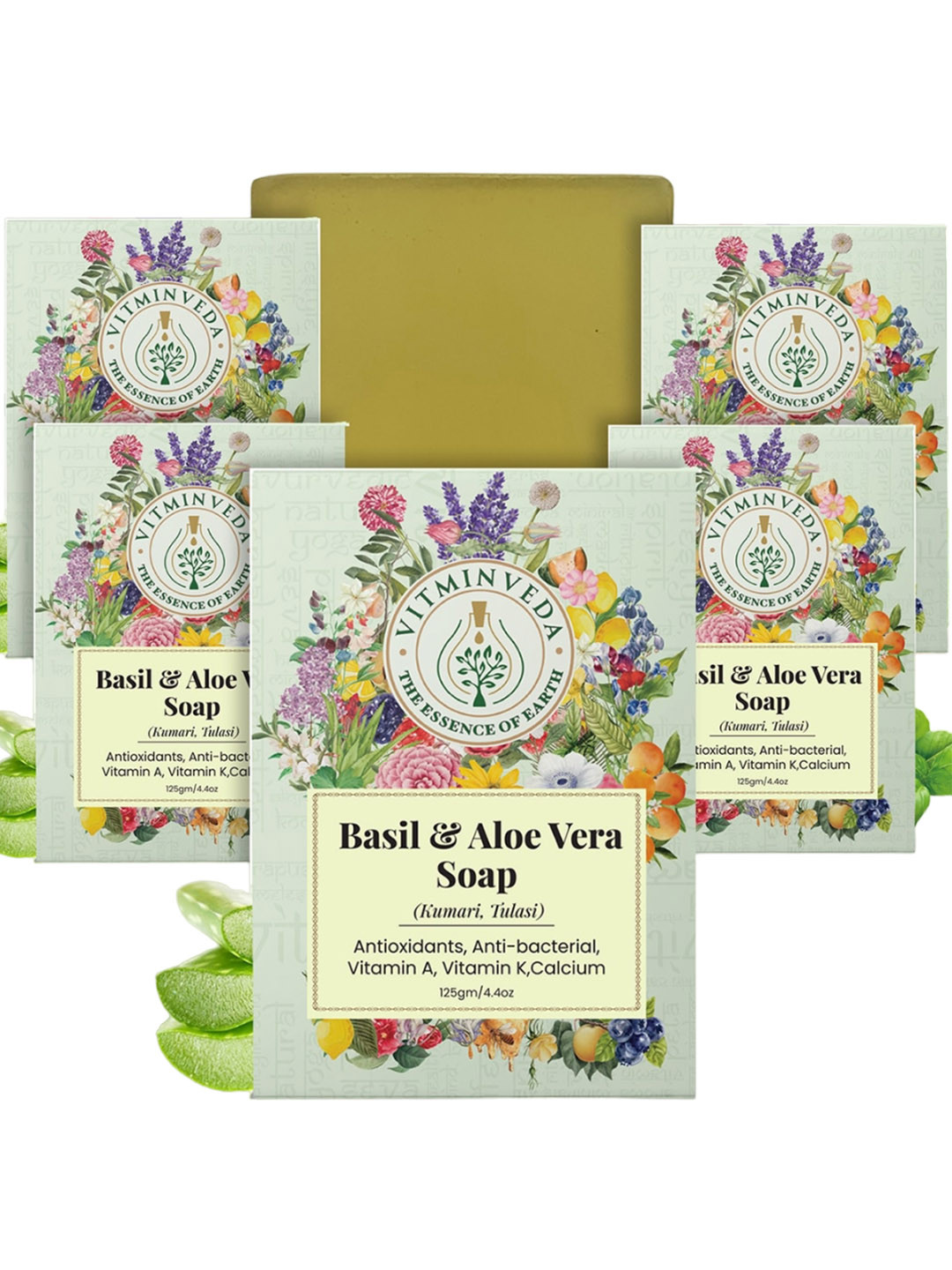 VITMINVEDA Set Of 5 Natural Basil & Aloe Vera Soap - 125g Each