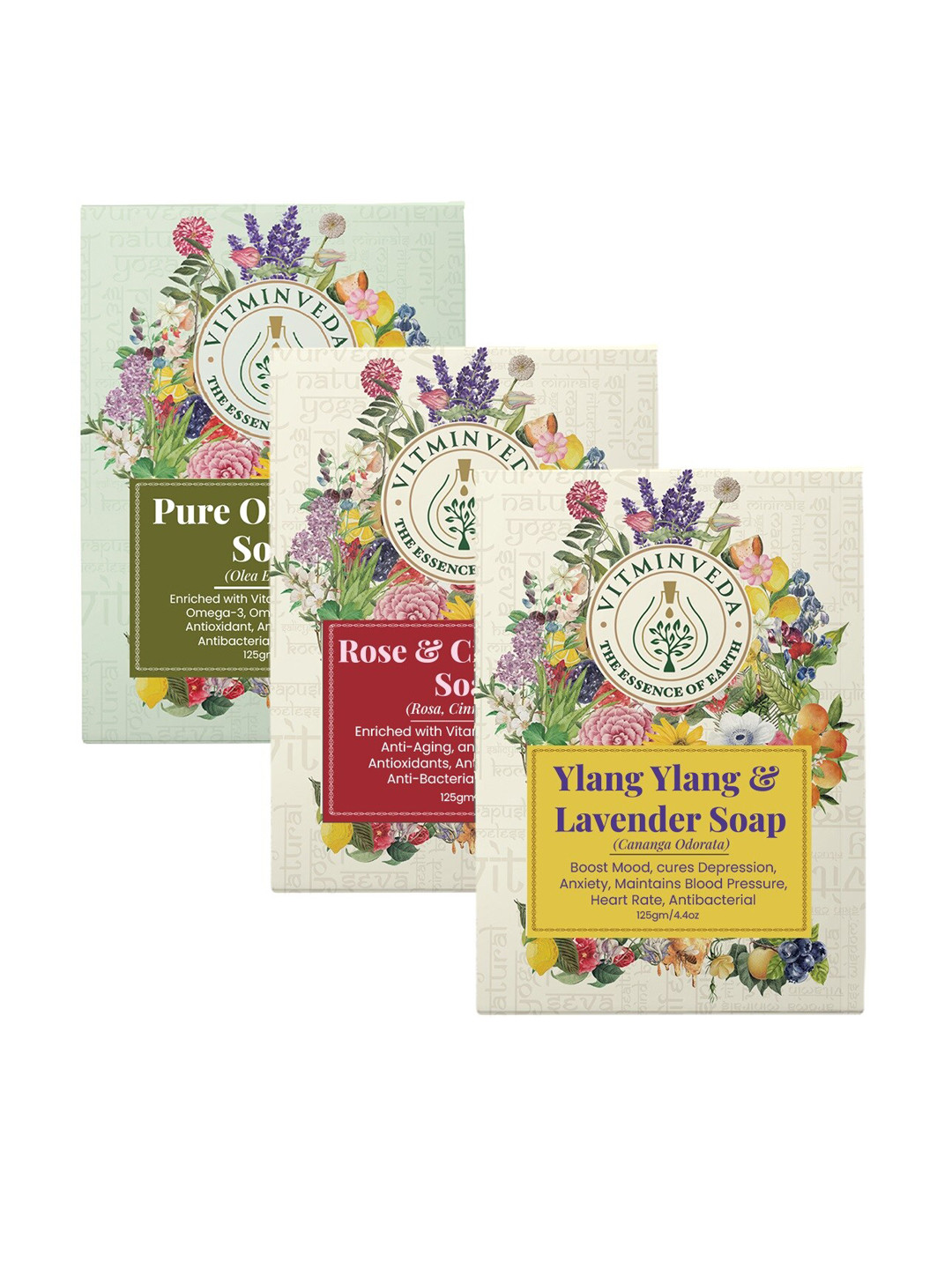 VITMINVEDA Set Of 3 Ylang Ylang Rose Cinnamon & Pure Olive Oil Soap - 125g Each