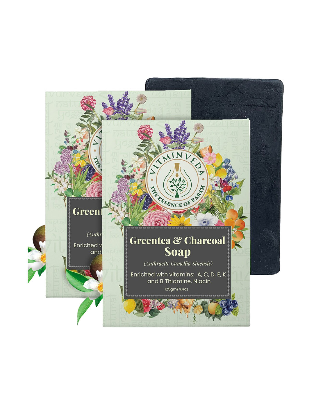 VITMINVEDA Set Of 2 Natural Greentea & Charcoal Soap - 125g Each