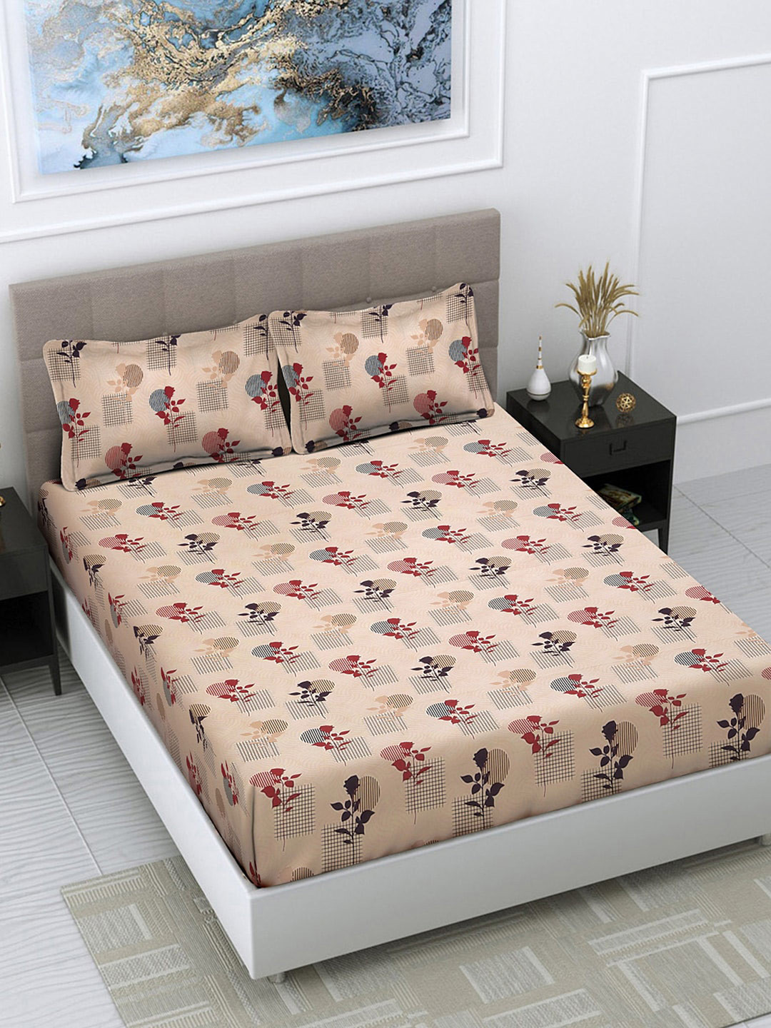 FABINALIV Pink Floral 300 TC Fitted King Fine Bedsheet with 2 Pillow Covers
