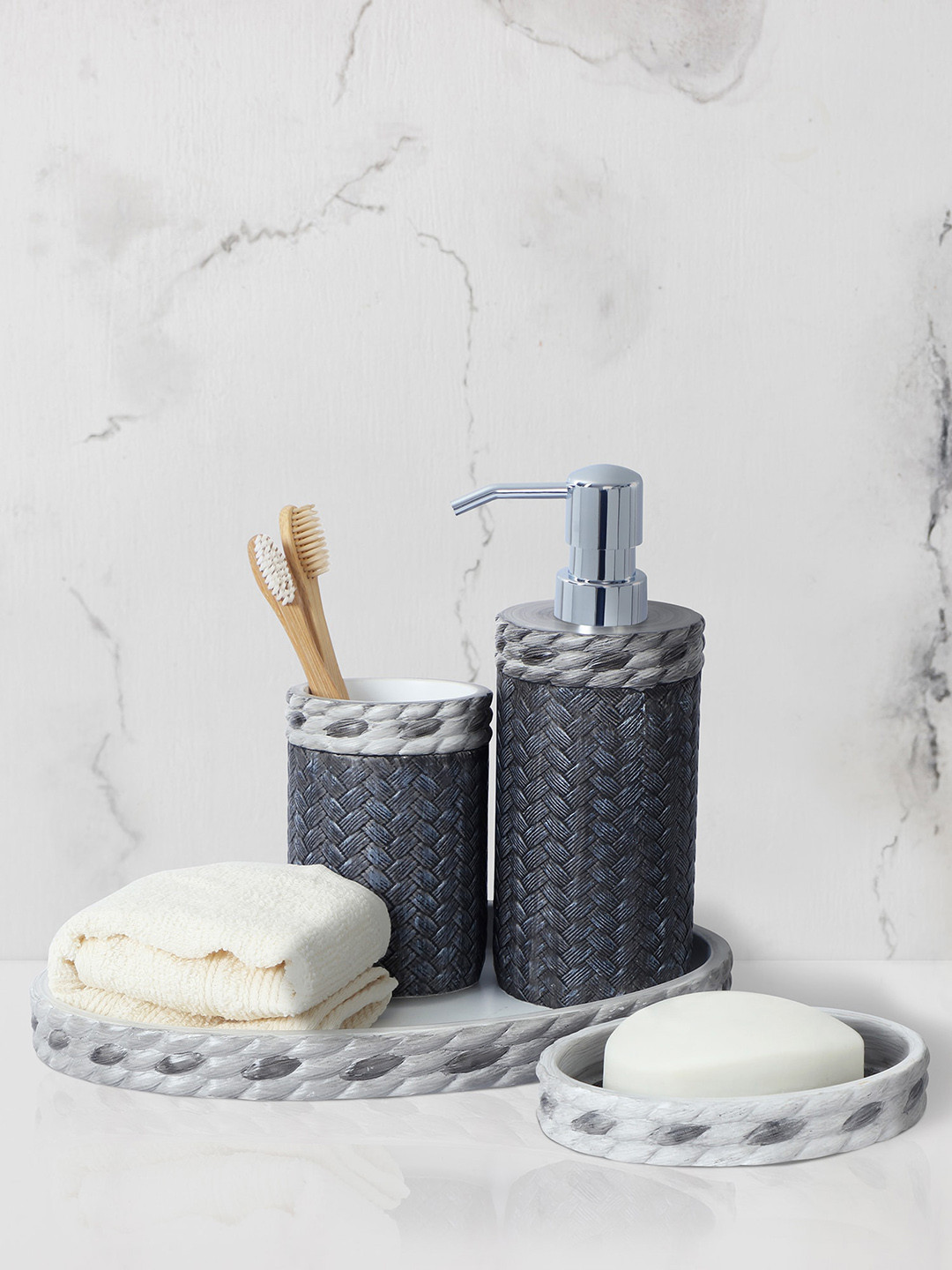 OBSESSIONS Off-White & Charcoal 4-Pieces Self-Designed Bathroom Accessories Set