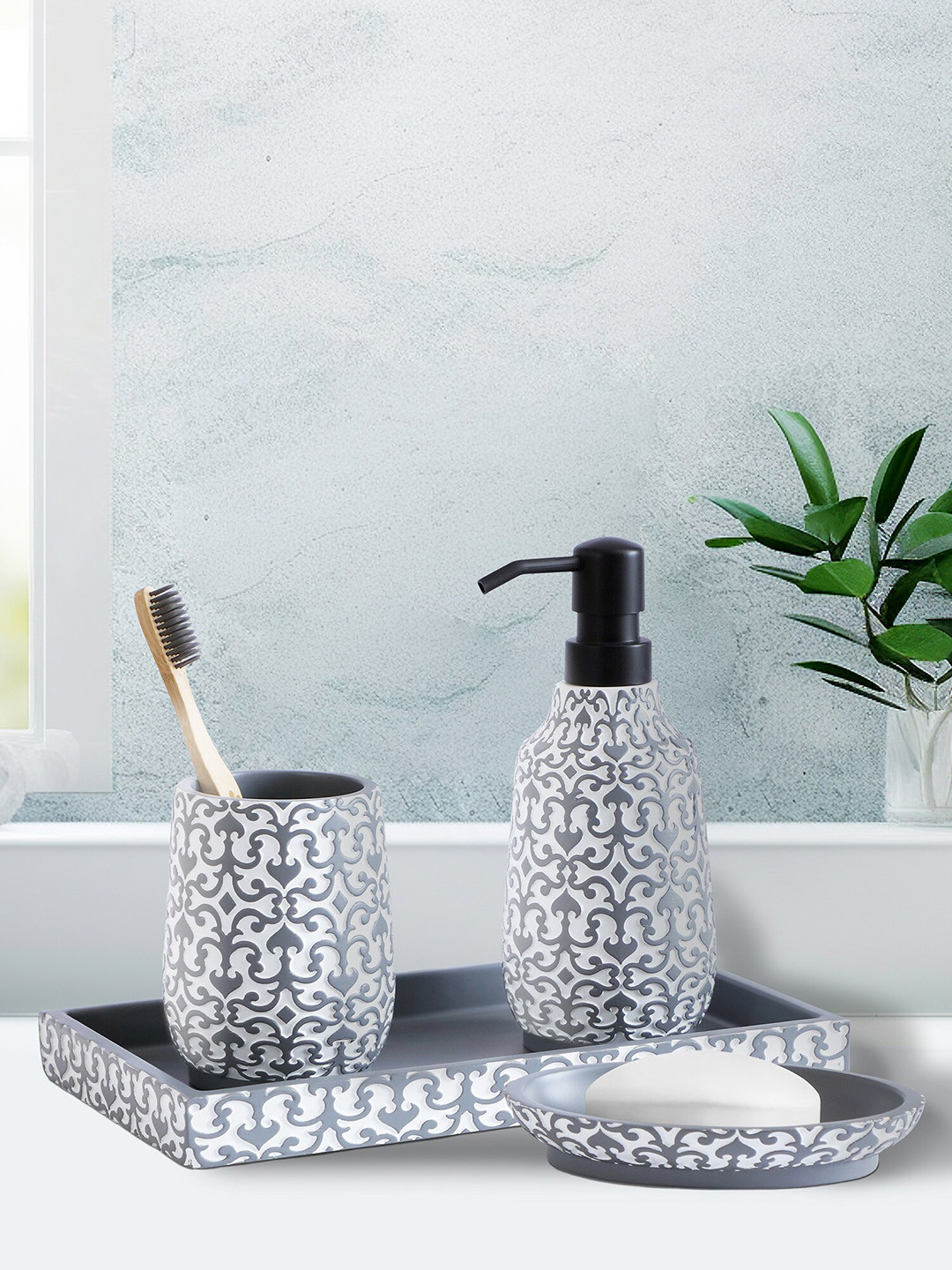 OBSESSIONS Grey & White 4-Pieces Self-Designed Classic Bathroom Accessories Set