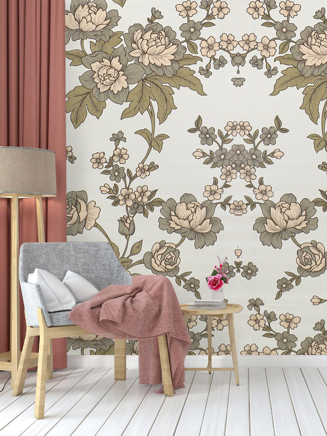 Dakshya Industries White & Beige Floral Pattern Self Adhesive Wall Stickers