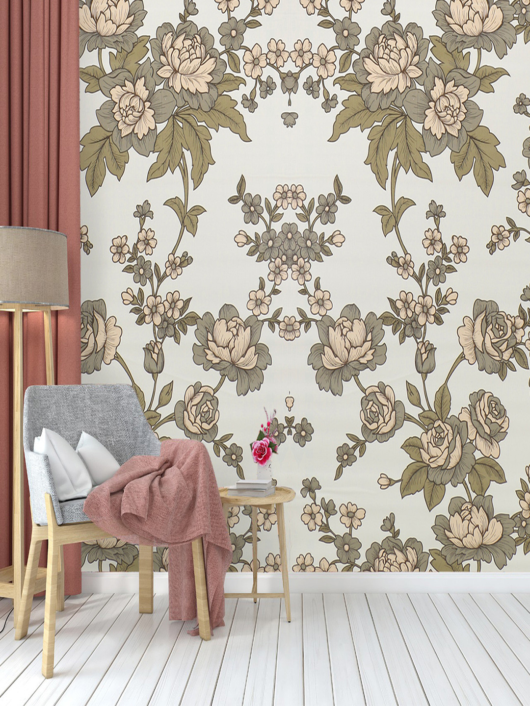 Dakshya Industries Beige & Green Floral Printed Wallpaper