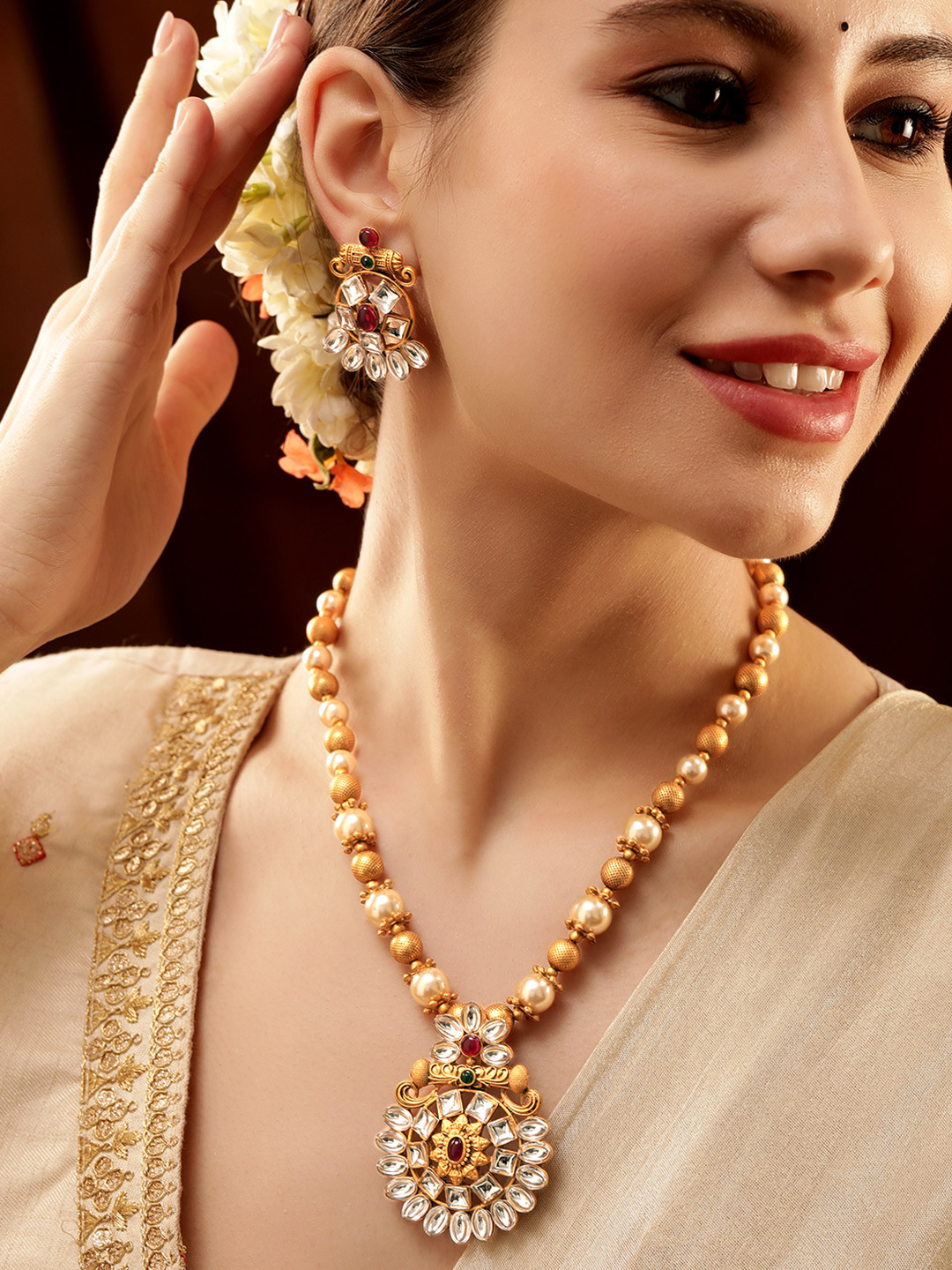 Rubans 22K Gold Plated White, Emerald & Ruby Kundan Studded with Pearl Beaded Jewellery Set