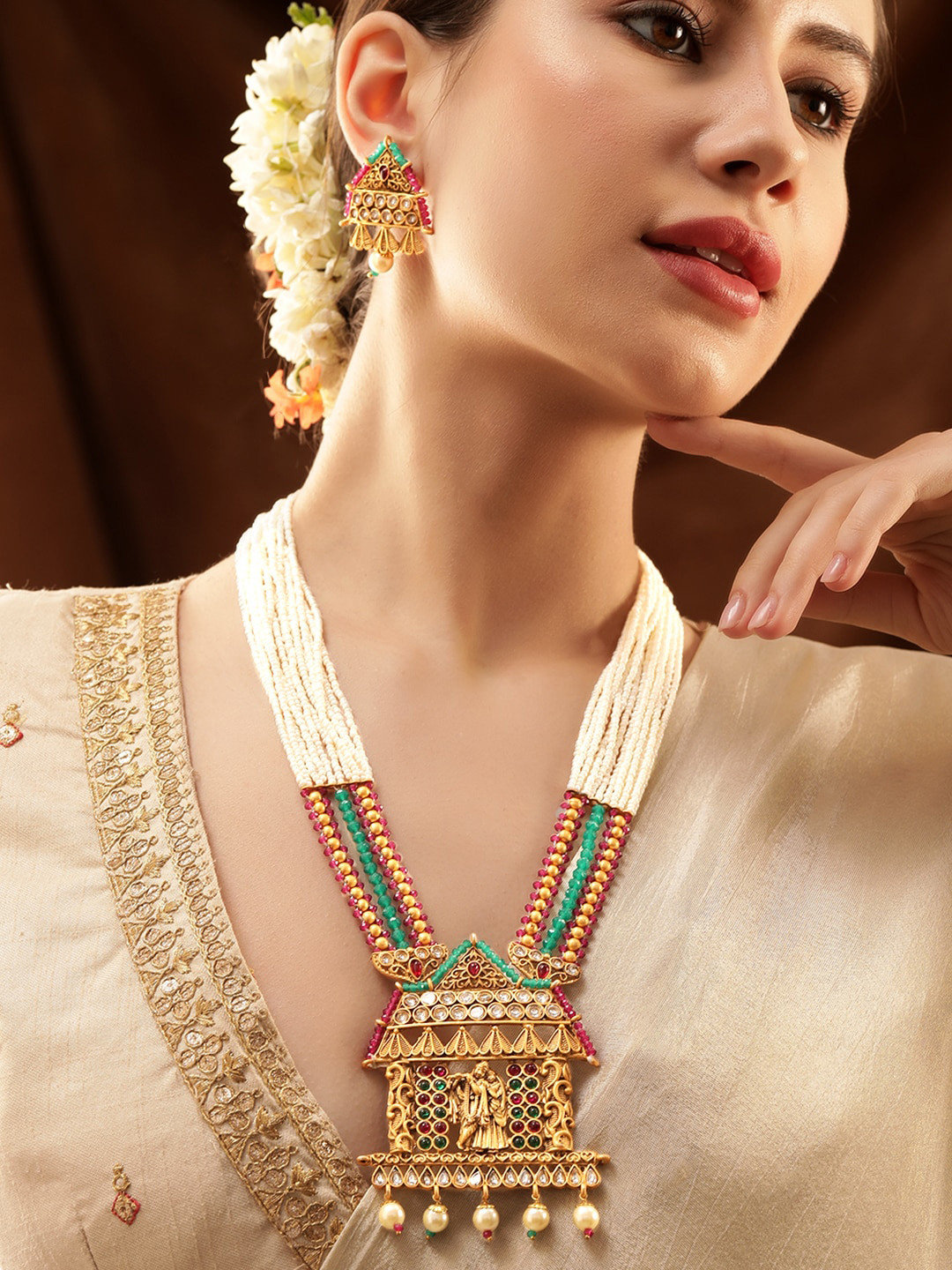 Rubans Gold Plated Lord Krishna & Radha Temple Jewellery Set with Multi-Color Beads