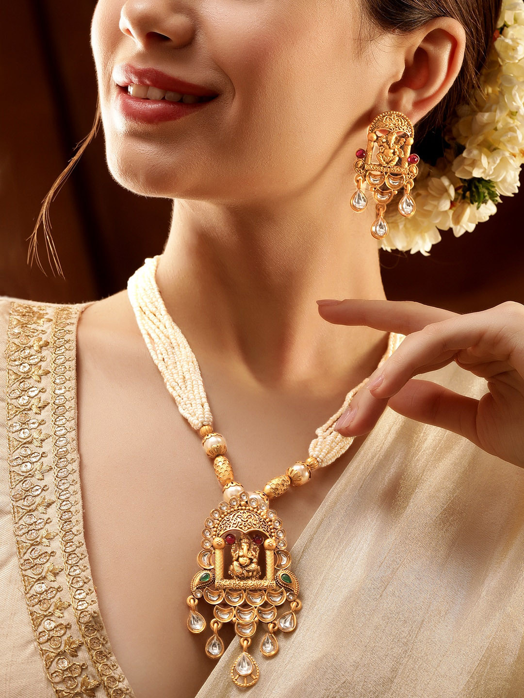 Rubans 22K Gold-Plated Ganesh Motif Temple Necklace Set with White Pearls & Kundan Drops