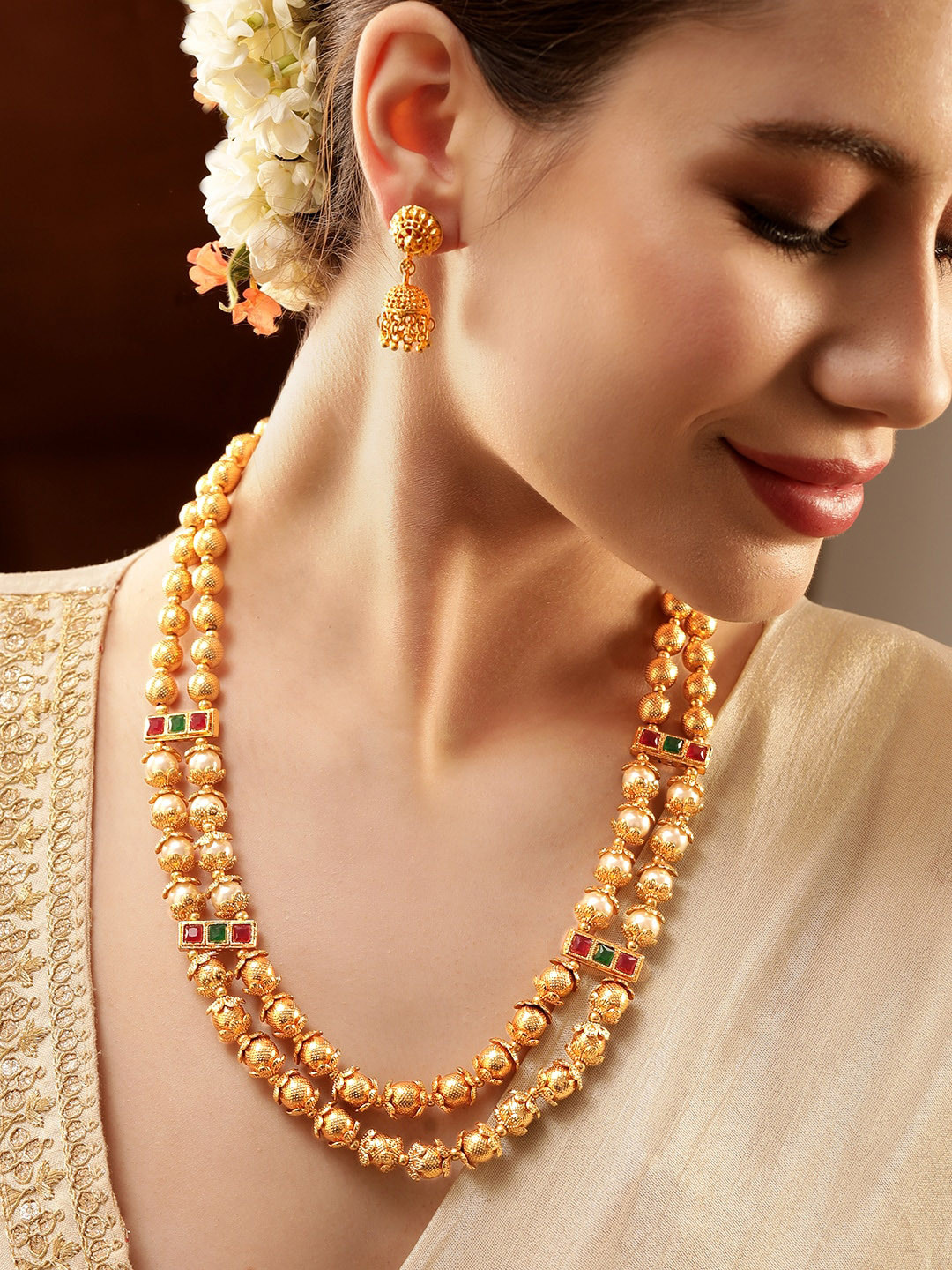 Rubans 22K Gold-Plated Layered Temple Necklace Set with Ruby, Green Kundan & Pearl Beads
