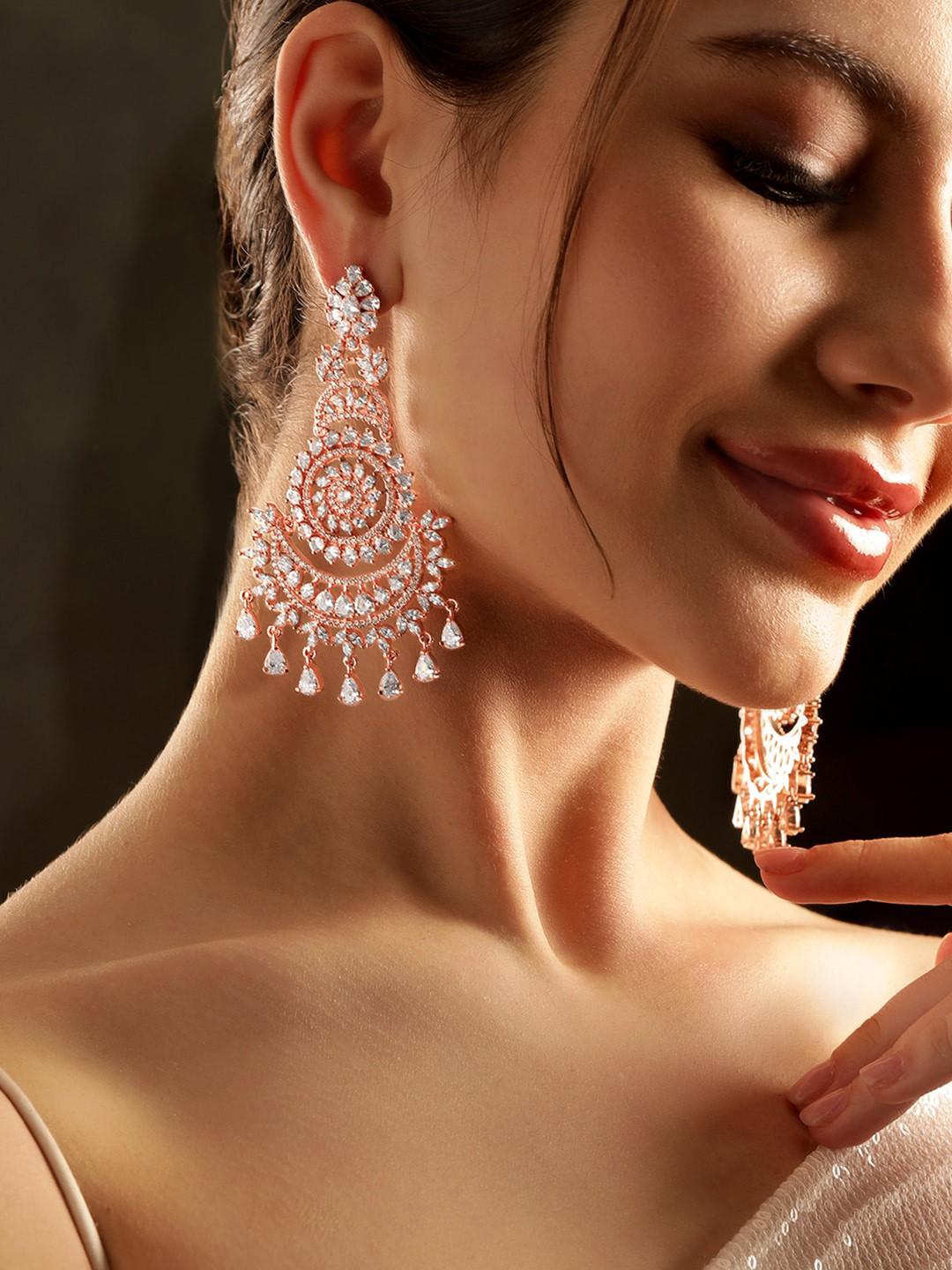 Rubans 22k Rose Gold Plated AAA Crystal Cubic Zirconia Studded Premium Chandelier Earrings