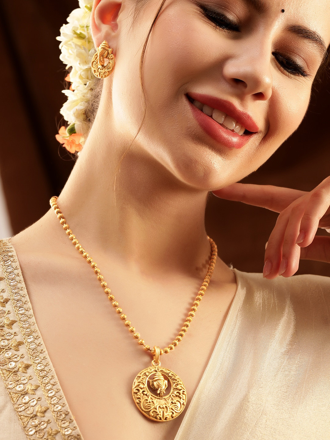 Rubans Divine 22K Gold Plated Ganesh Motif with Golden Beaded Temple Pendent Jewellery Set