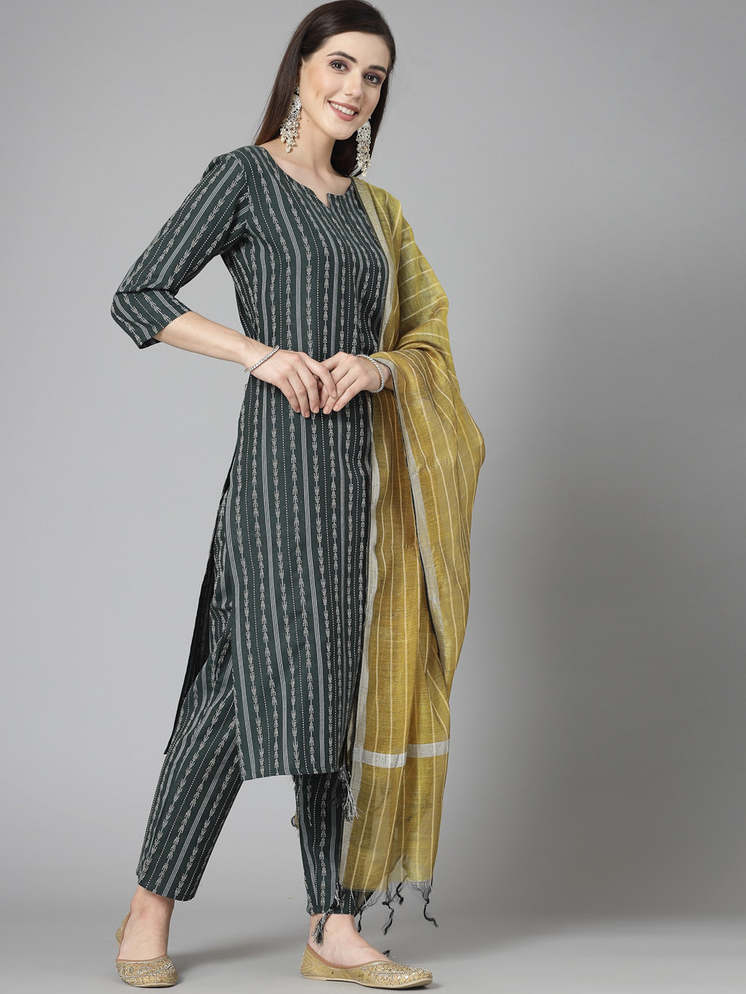 Stylum Green Striped Regular Straight Kurta & Trousers With Dupatta