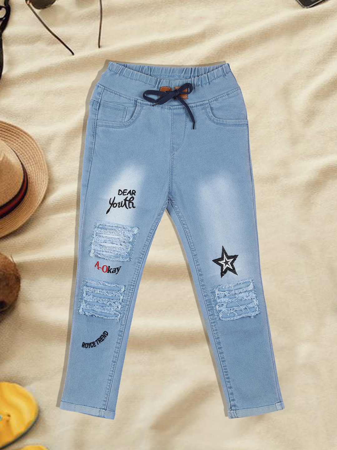 A-Okay Boys High-Rise Acid Wash Light Fade Mildly Distressed Embroidered Stretchable Jeans