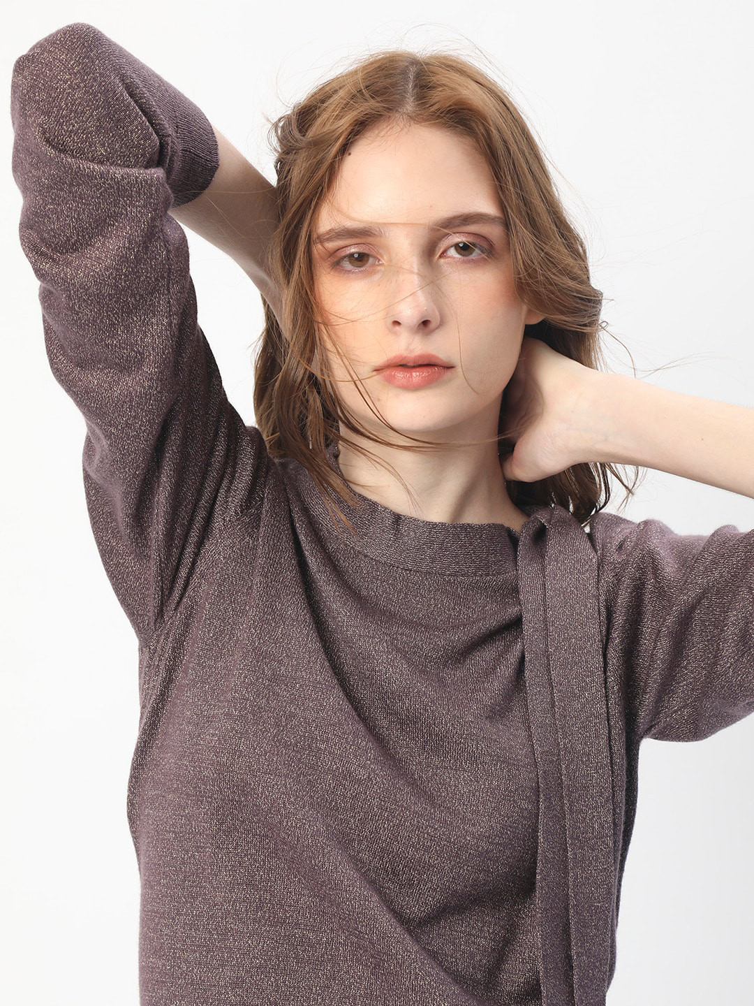 RAREISM Round Neck Acrylic Tie up Shimmer Sweater