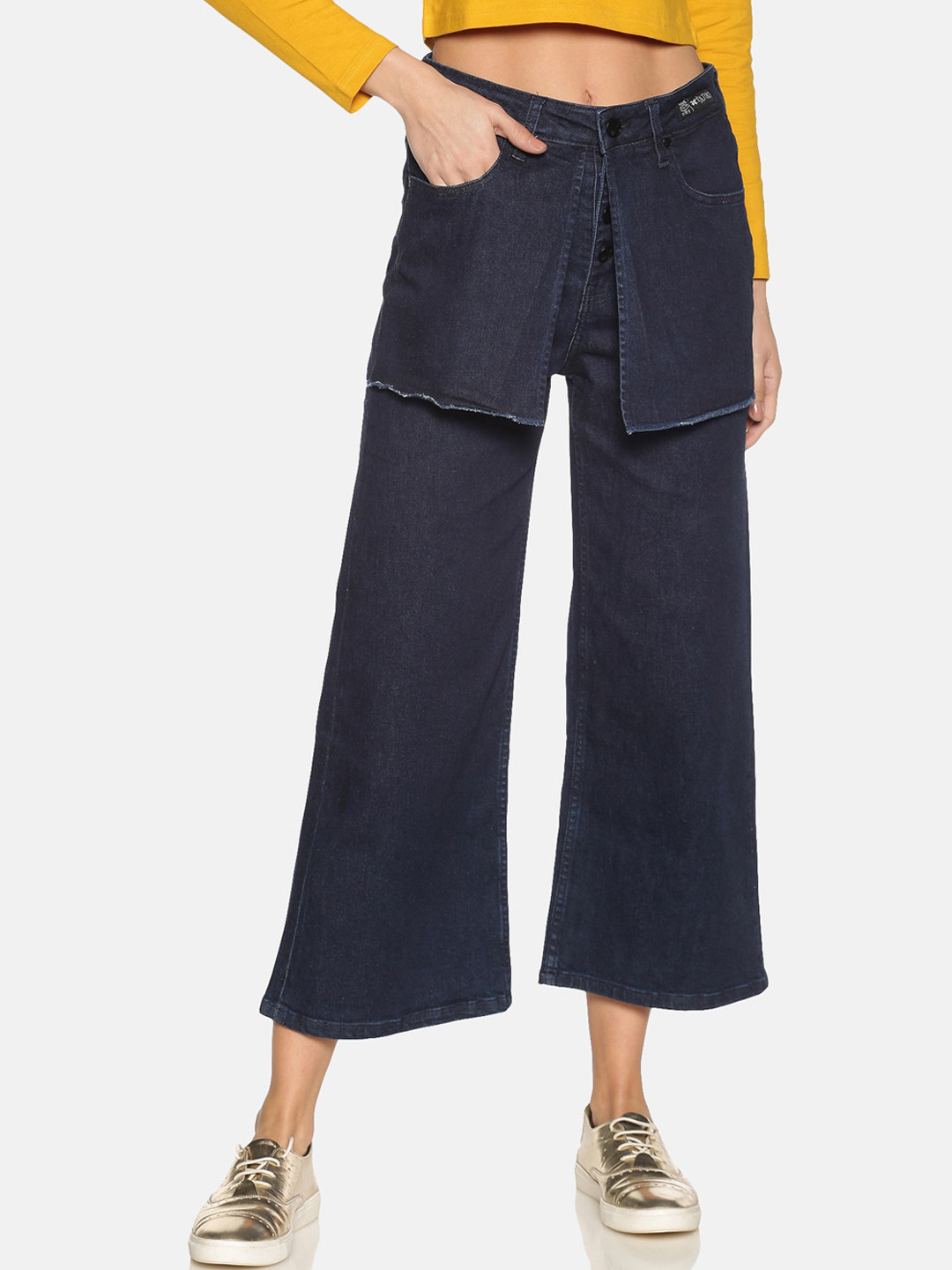 KULTPRIT Women Classic Wide Leg Mid-Rise Dark Shade Clean Look Cropped Stretchable Jeans