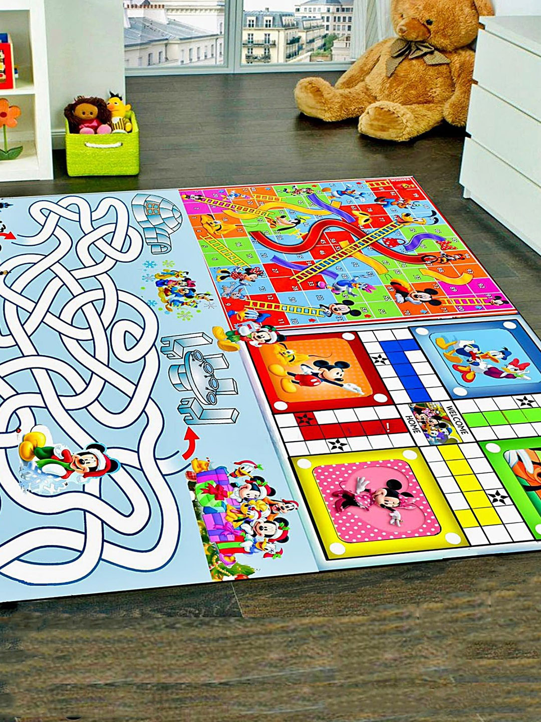 MUREN Kids 3 In 1 Floor Play Mat-Snake & Ladder-Ludo-Town Game