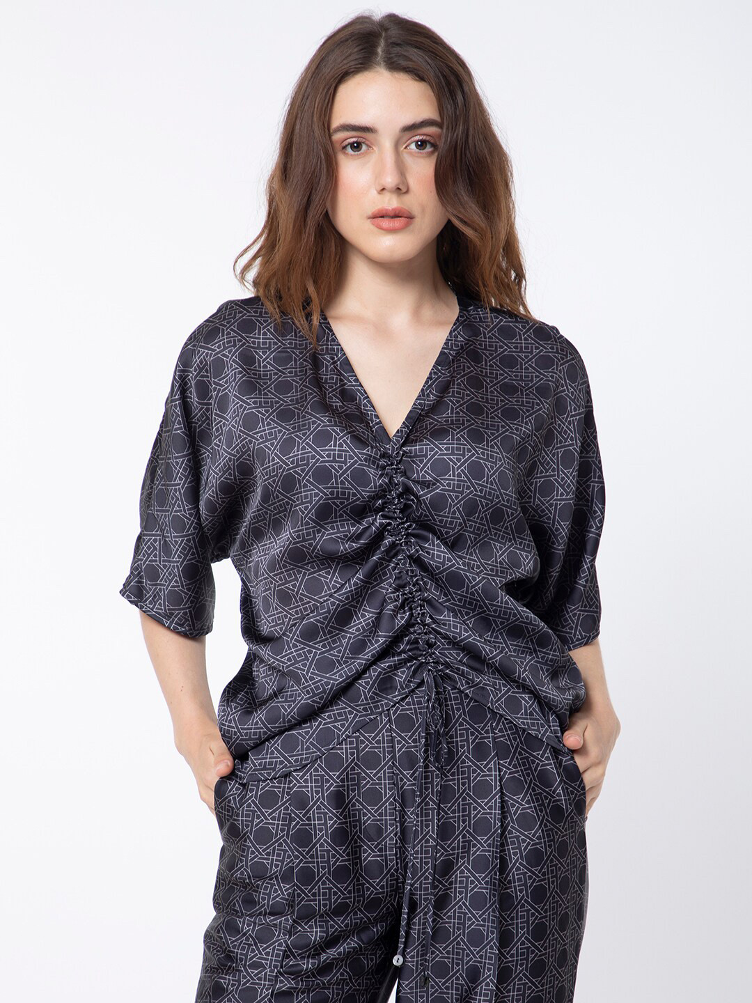 RAREISM Geometric Printed Ruched Top