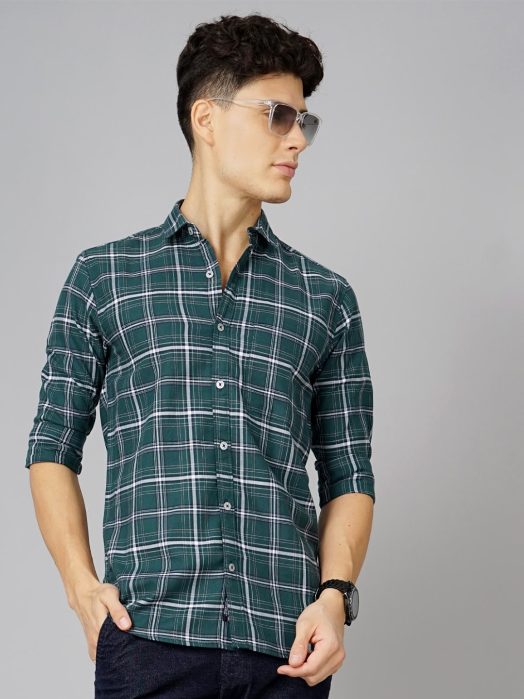 PAUL STREET Tartan Checks Spread Collar Cotton Casual Shirt