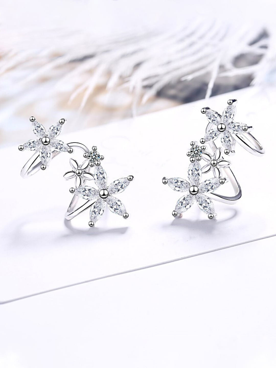 Designs & You Silver Plated American Diamond Studded Star Shaped Earcuffs