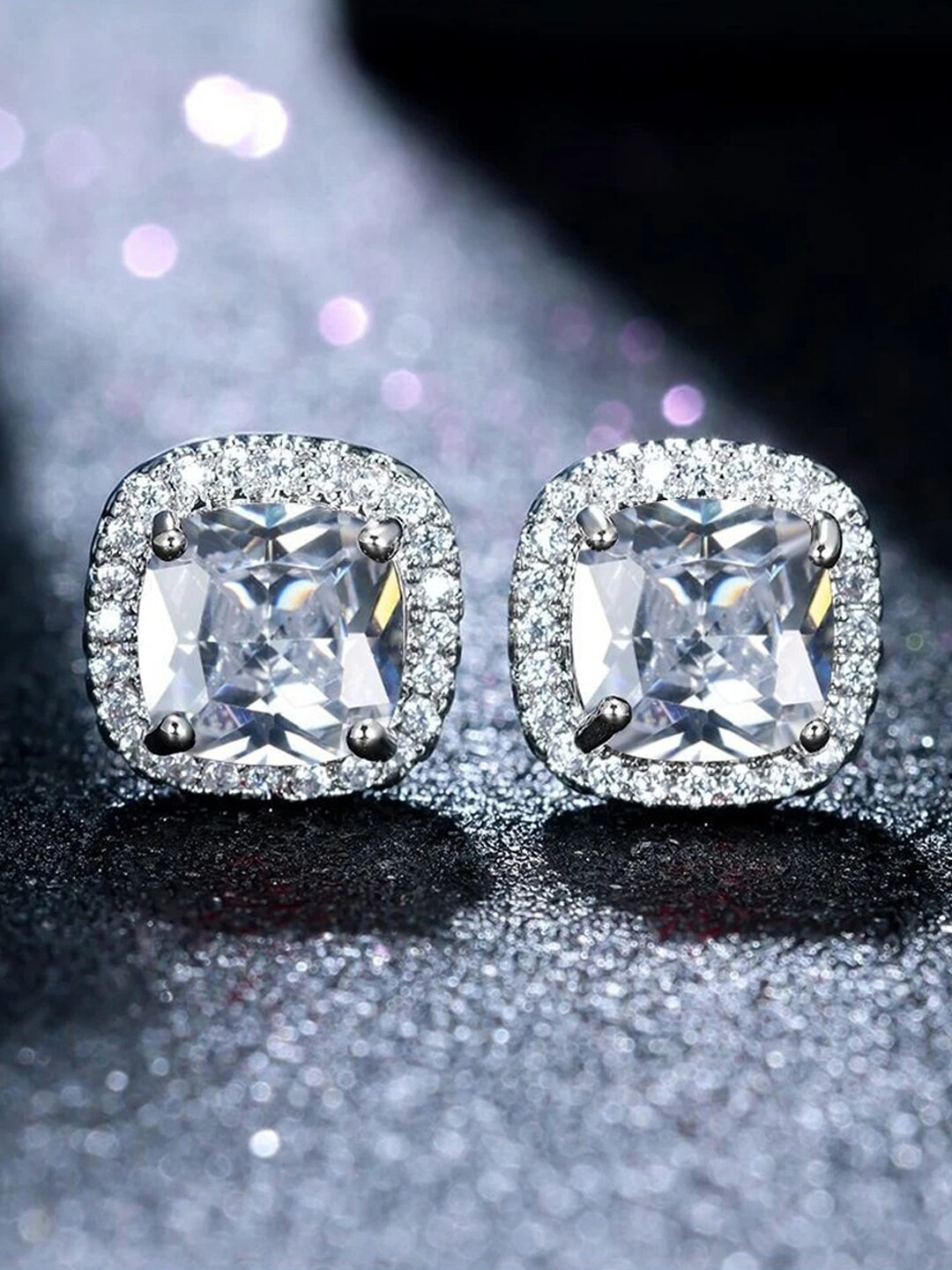 Designs & You Silver Plated American Diamond Studded Square Studs Earrings