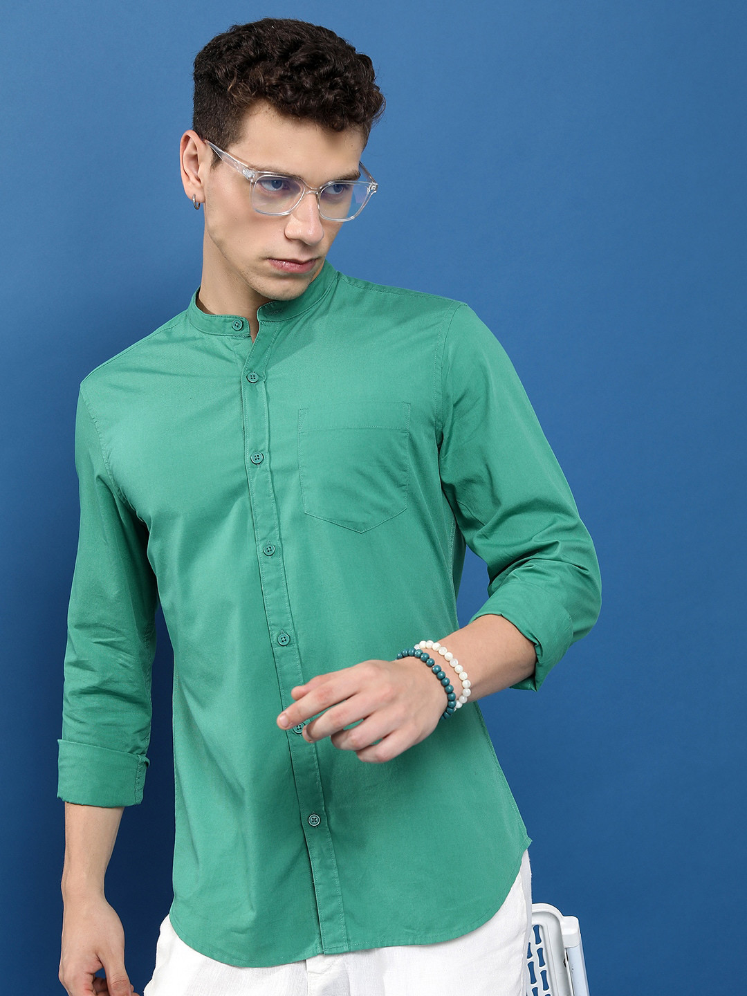 HIGHLANDER Green Slim Fit Band Collar Long Sleeve Pocket Cotton Casual Shirt