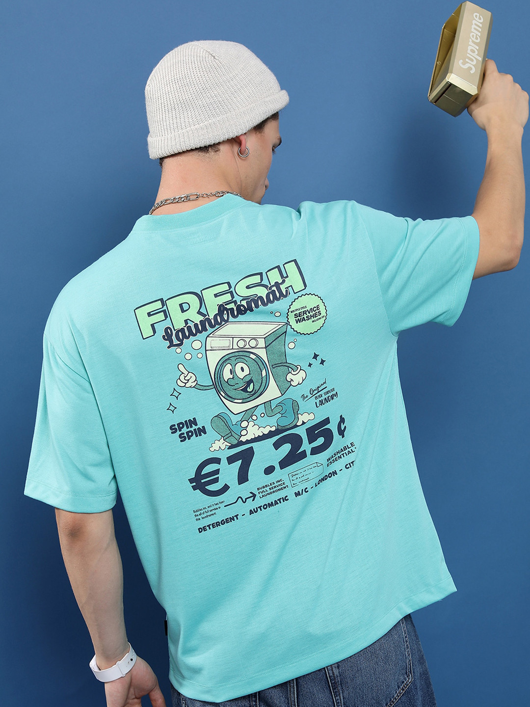 HIGHLANDER Turquoise Blue Unisex Typography Printed Oversized T-shirt