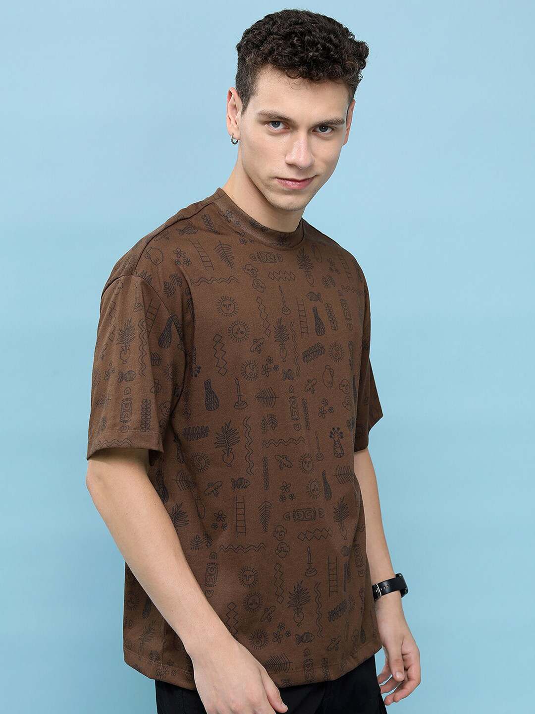 HIGHLANDER Brown Unisex Conversational Printed Drop-Shoulder Sleeves Oversized T-shirt