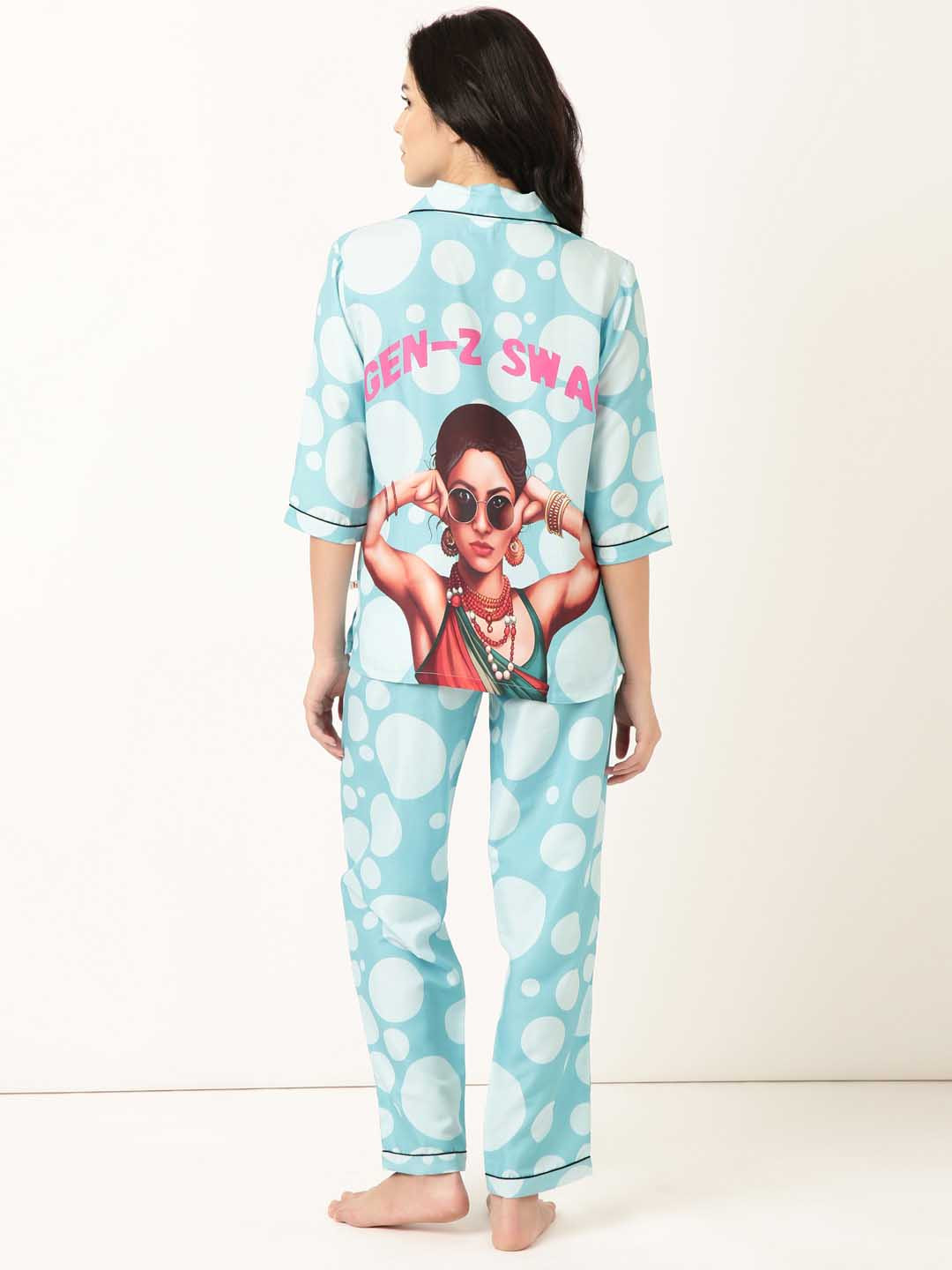 Bannos Swagger Blue & White Geometric Printed Shirt With Pyjama