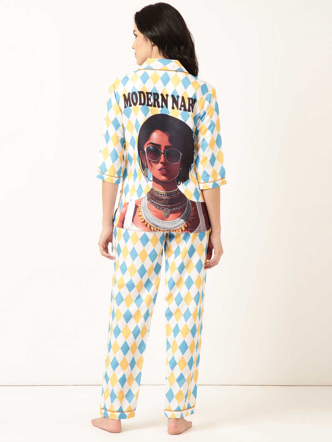 Bannos Swagger White Graphic Printed Lapel Collar Night suit