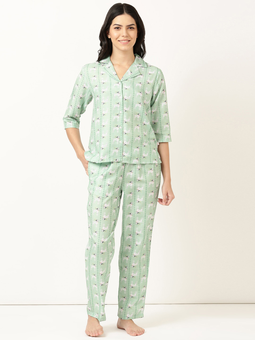Bannos Swagger Green Conversational Printed Shirt With Pyjamas