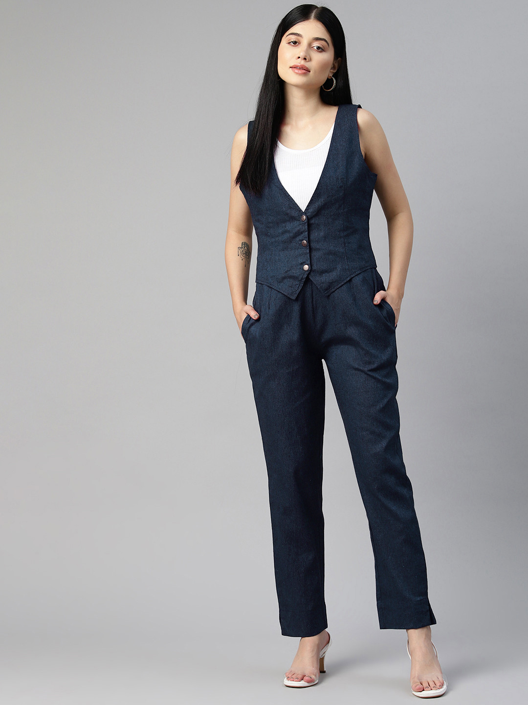 Cottinfab Women Solid Denim Waistcoat with Trousers
