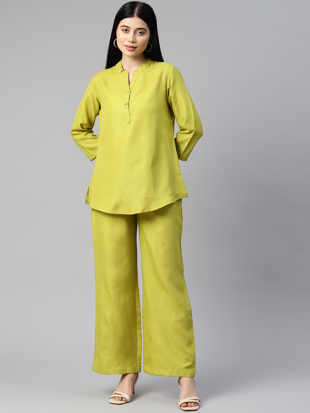 Cottinfab Women Solid Mandarin Neck Top with Palazzos Co-ord Set