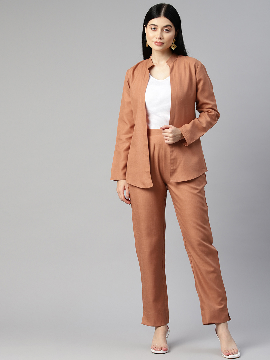 Cottinfab Women Solid Front Open Shrug with Trousers