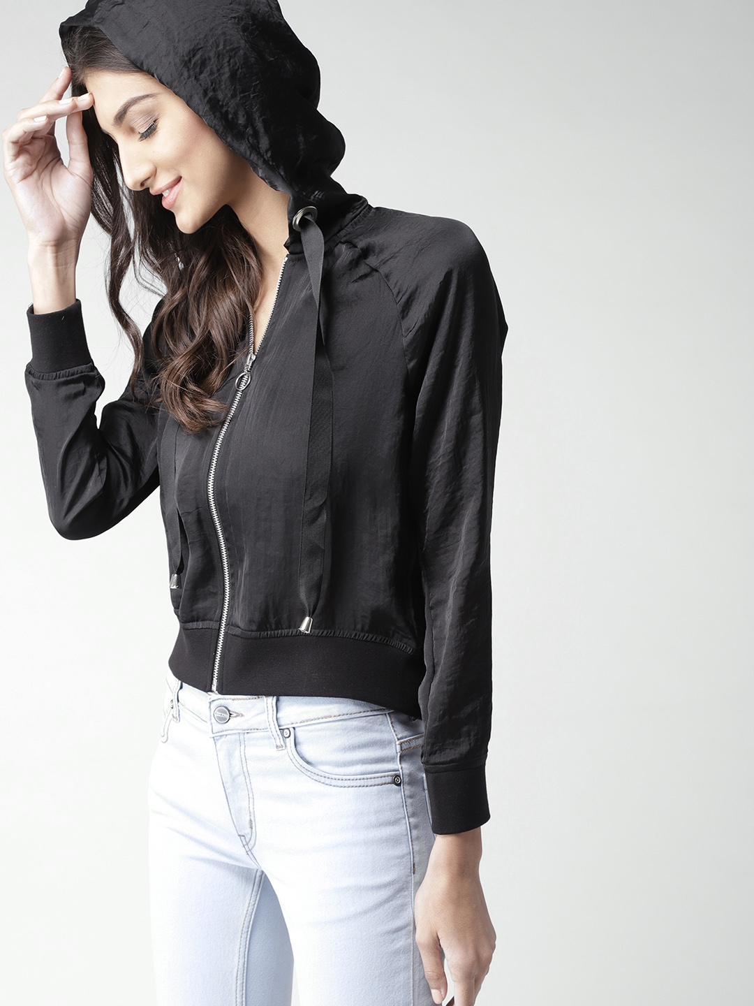 womens black bomber jacket with hood