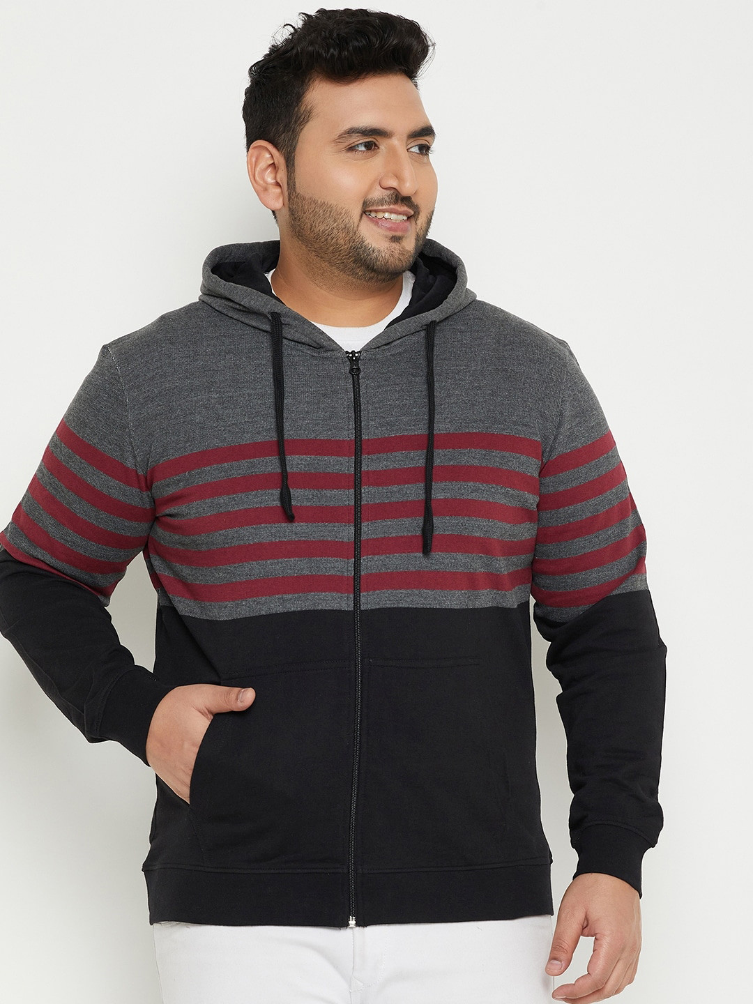 AUSTIVO Plus Size Striped Hooded Fleece Front-Open Sweatshirt