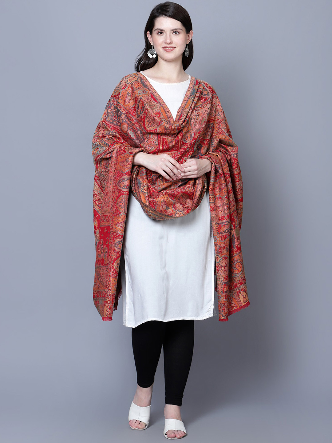 Mizash Ethnic Motif Woven Design Jaal Woolen Pashmina Shawl