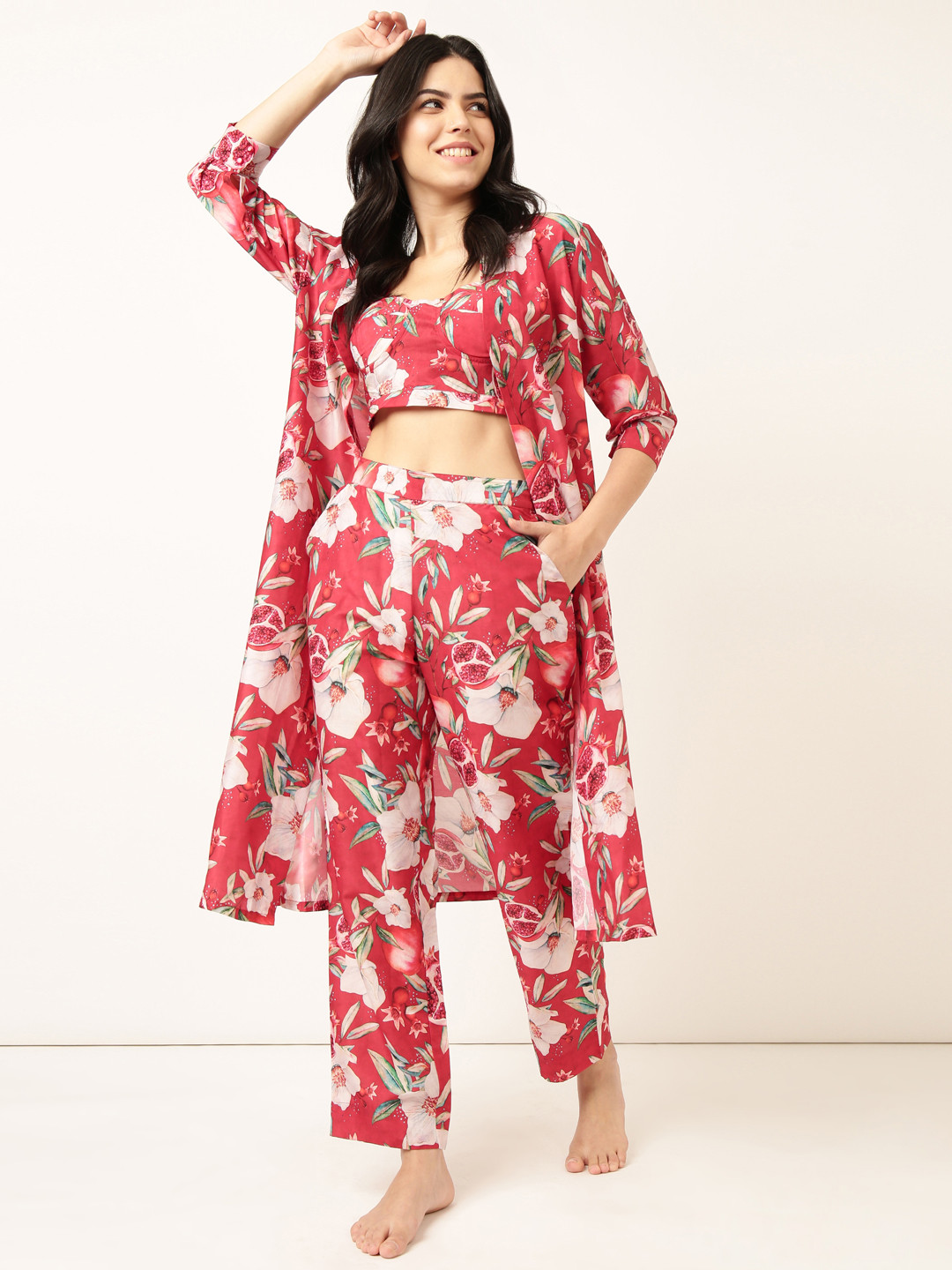 Bannos Swagger Tropical Fruit Printed  Crop top & Shrug With Trousers