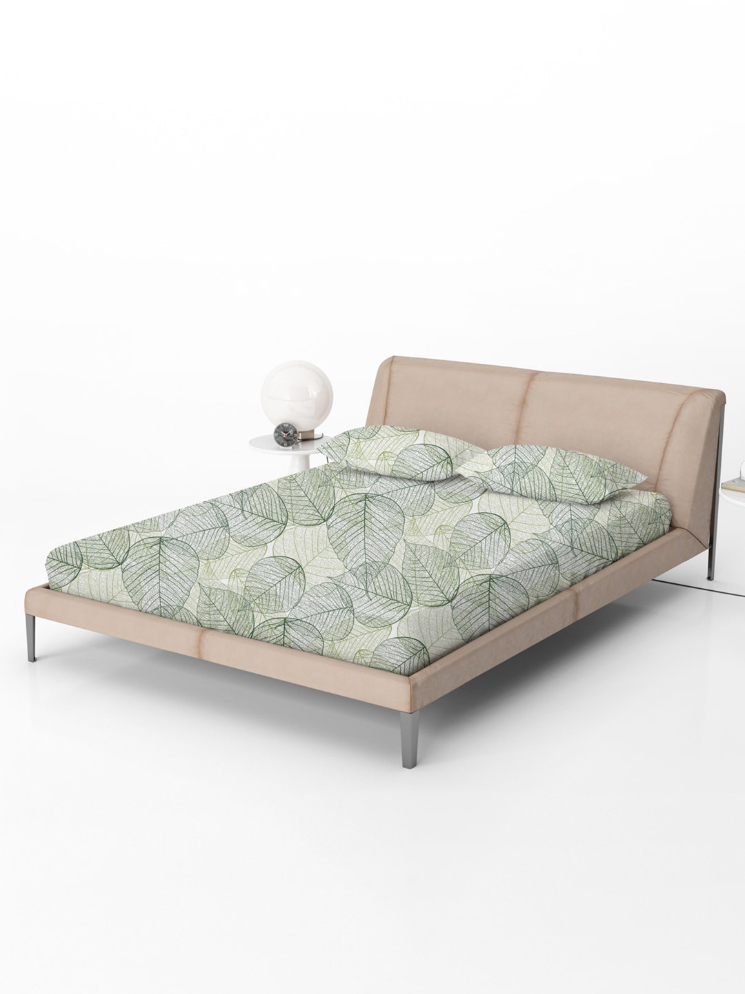 Divine Casa Olive Leaf Cotton 144 TC Fitted Queen Bedsheet with 2 Pillow Covers-59 x 89 inches