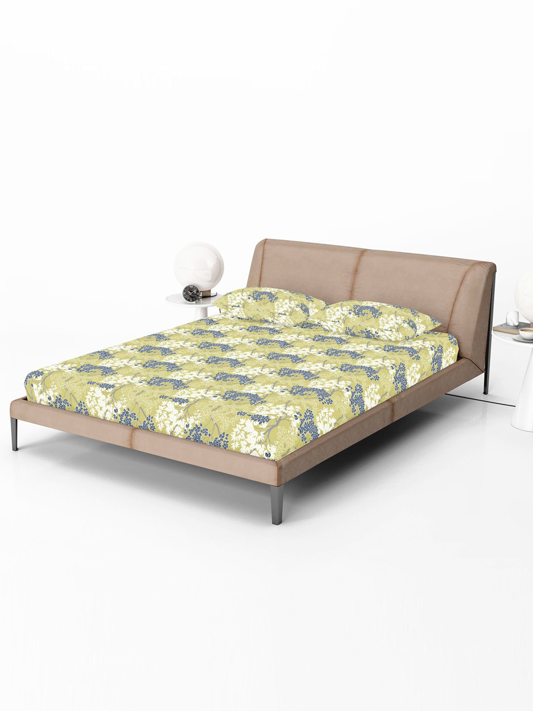 Divine Casa Crown Yellow Floral Cotton 144 TC Fitted Queen Bedsheet with 2 Pillow Covers-59 x 79 inches