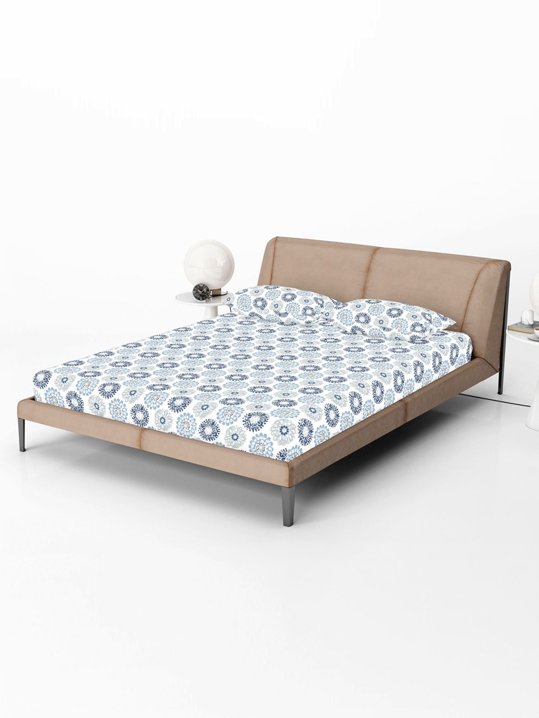 Divine Casa Blue Floral Cotton 144 TC Fitted Queen Bedsheet with 2 Pillow Covers-150 x 225 cm
